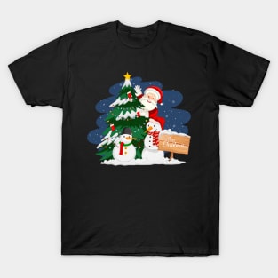 Santa claus with christmas tree and snowman at night T-Shirt